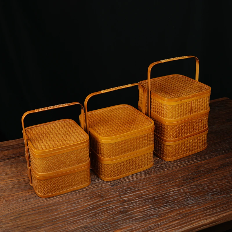 复古竹编提篮 家用双层食盒茶具收纳篮防尘茶点盒古风道具干果盒