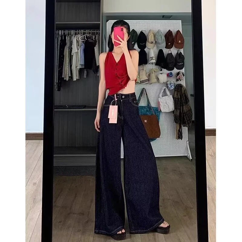 【直播间推荐】深蓝色复古牛仔裤女2024春秋季新款直筒裤百搭高街裤
