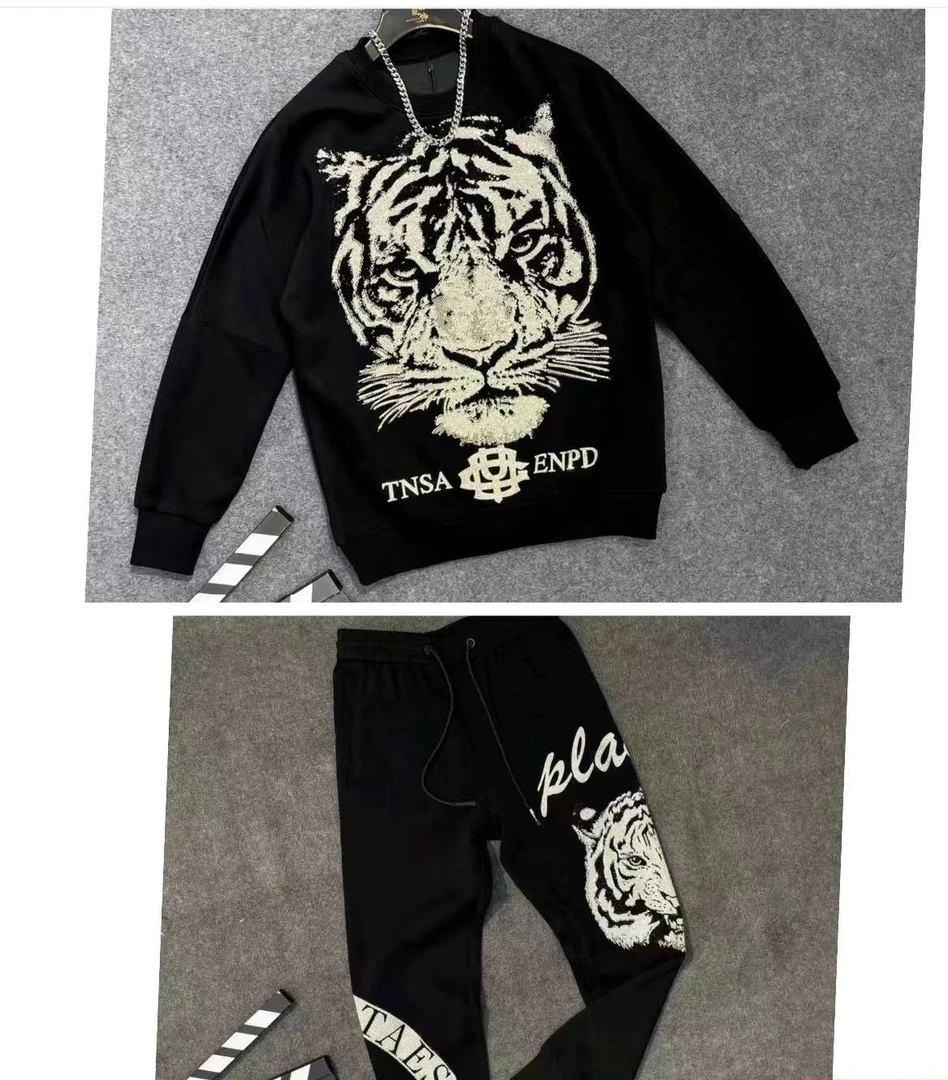 11821-11836-11128新款高端时尚烫钻翅膀虎头长袖卫衣套装男女款
