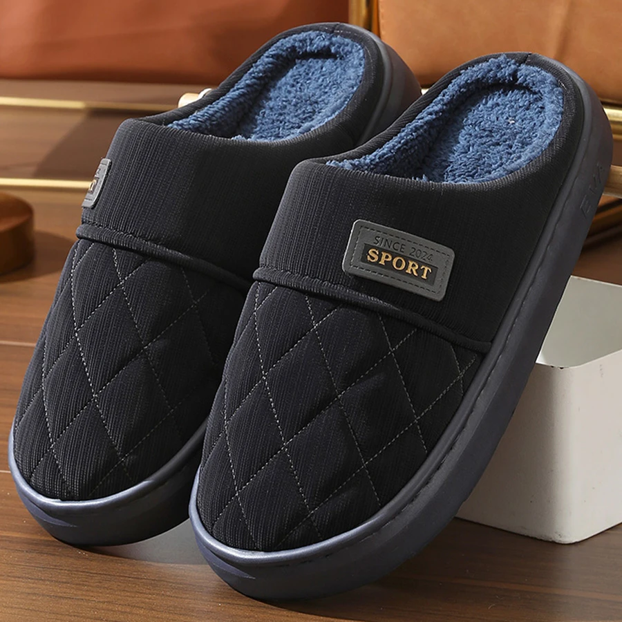 新款秋冬季潮流大众家居室内厚底防滑PU防水保暖男士棉拖鞋大码