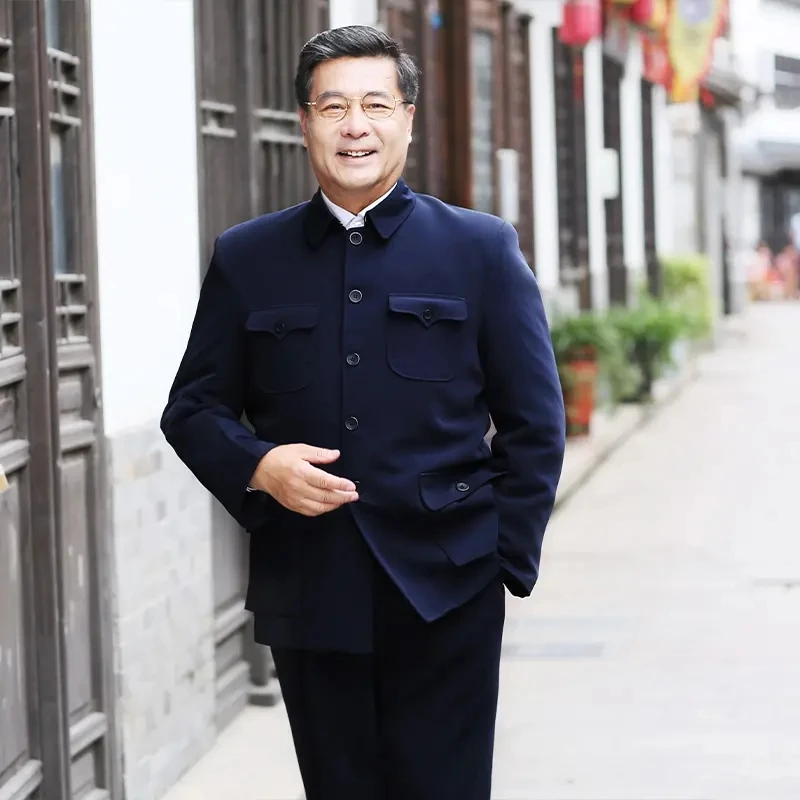 冬季加绒加厚男士中山装套装老年人爷爷衣服爸爸装中山服装