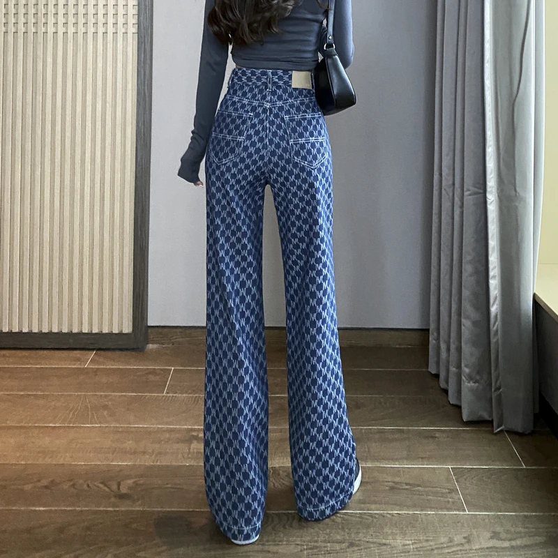 女士条纹牛仔宽松百搭显瘦小微喇叭裤无弹力高腰时尚修长腿形长裤