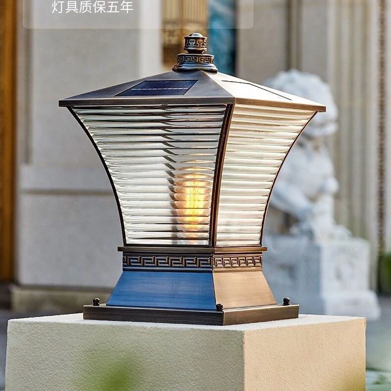 墙头灯全铜柱头灯户外防水太阳能庭院灯中式别墅柱子灯围墙灯室外