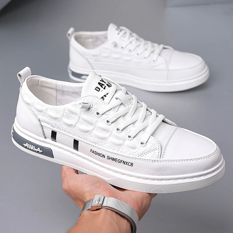 【头层牛皮】新款男士一脚蹬平底板鞋小白鞋鳄鱼纹休闲男鞋潮流时尚