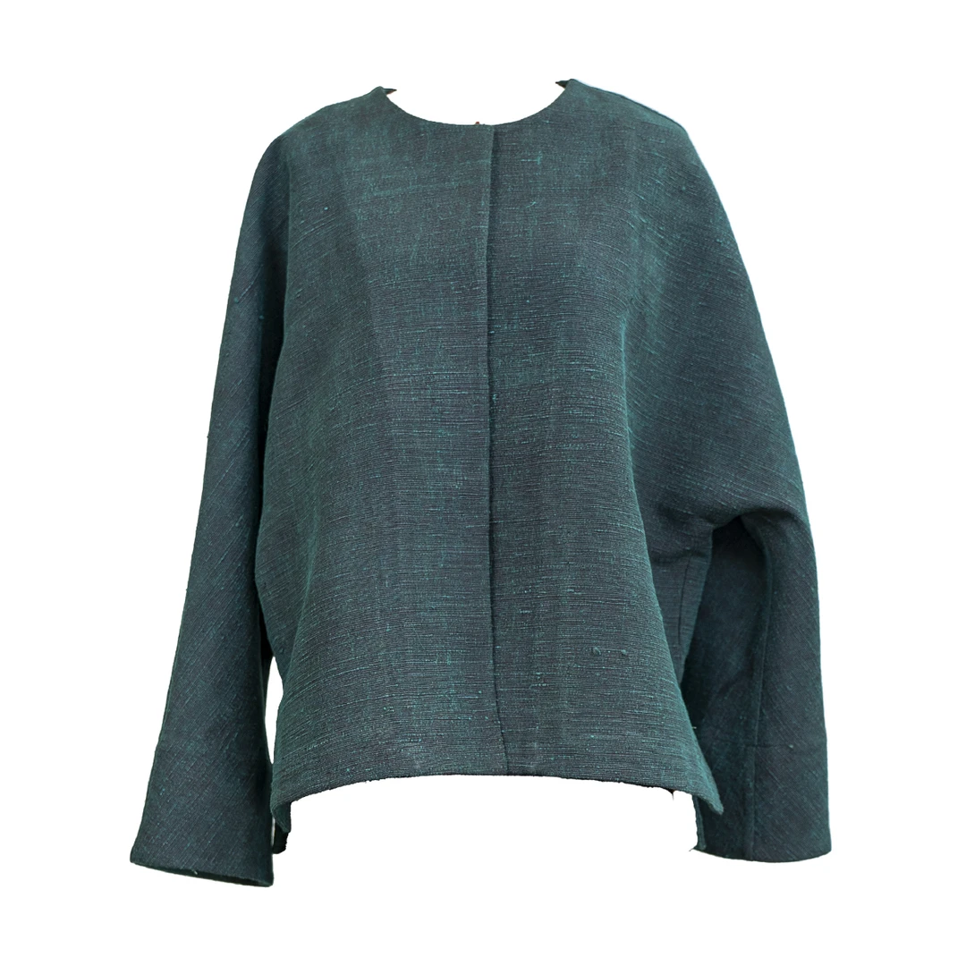 玺欢新中式国风柞蚕丝香云纱绿色复古圆领上衣开衫外套6636