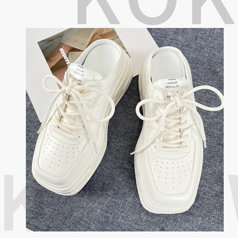 KOKOWANG纯色厚底休闲包头半拖系带松糕厚底增高小白鞋3050201