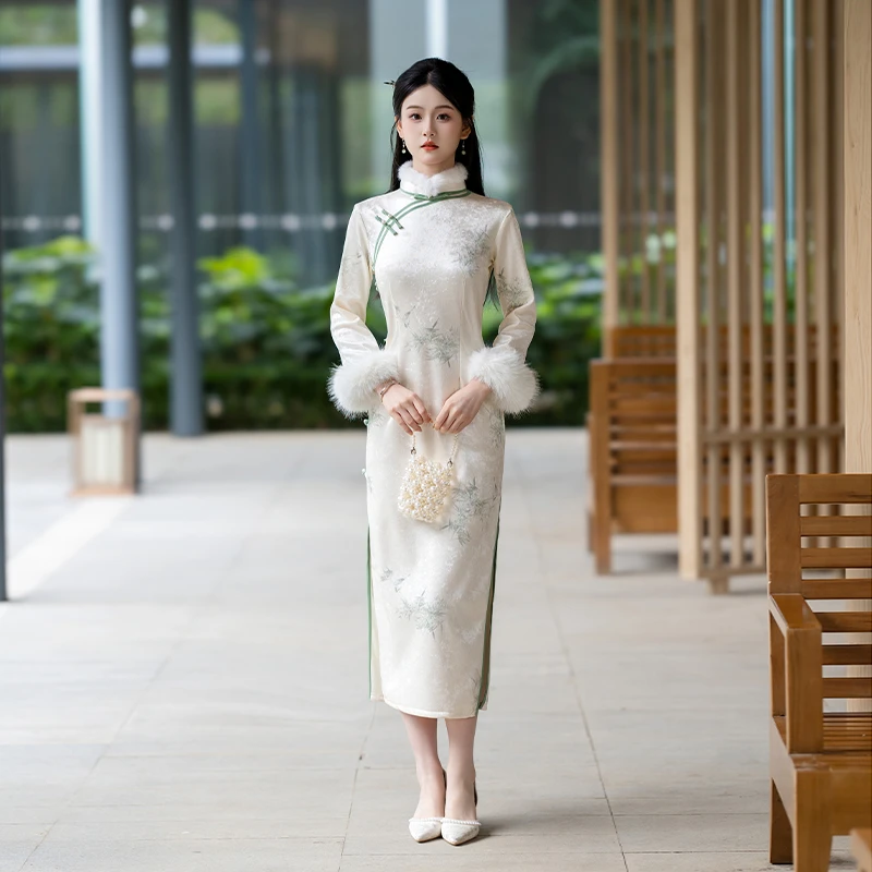 缇花影【素青衣】日常旗袍2024冬季加绒新款长袖新中式年轻修身2565