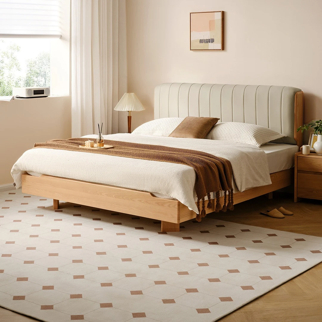 【实木】全友家居实木床悬浮床家用卧室床头软包靠背床主卧大床