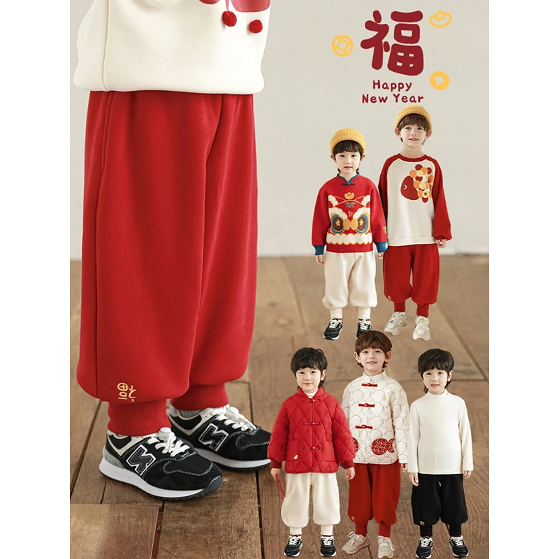 YOEHYAUL/幼悠贰冬六波挑战0度 加厚一体绒福字刺绣新中式裤N5995