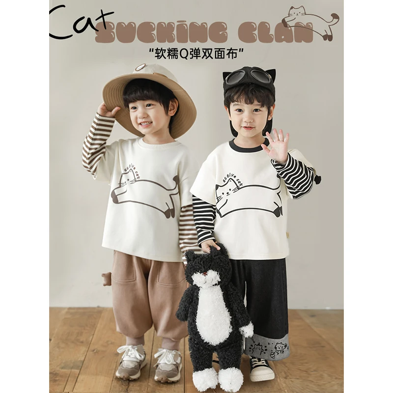 悠幼男童【条纹猫咪】春秋软糯双面布水印立体假两件条纹T恤N5371