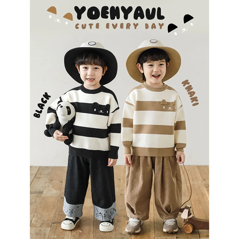 【冬一波男童】贰 暖糯不刺痒 间条绣花 宽松慵懒条纹毛衣N5504