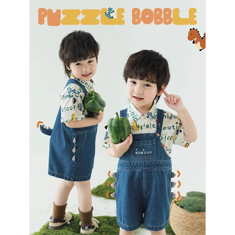 【夏四波男童】夏季轻软超能力 立体背犄尾巴 可调牛仔背带裤N4894