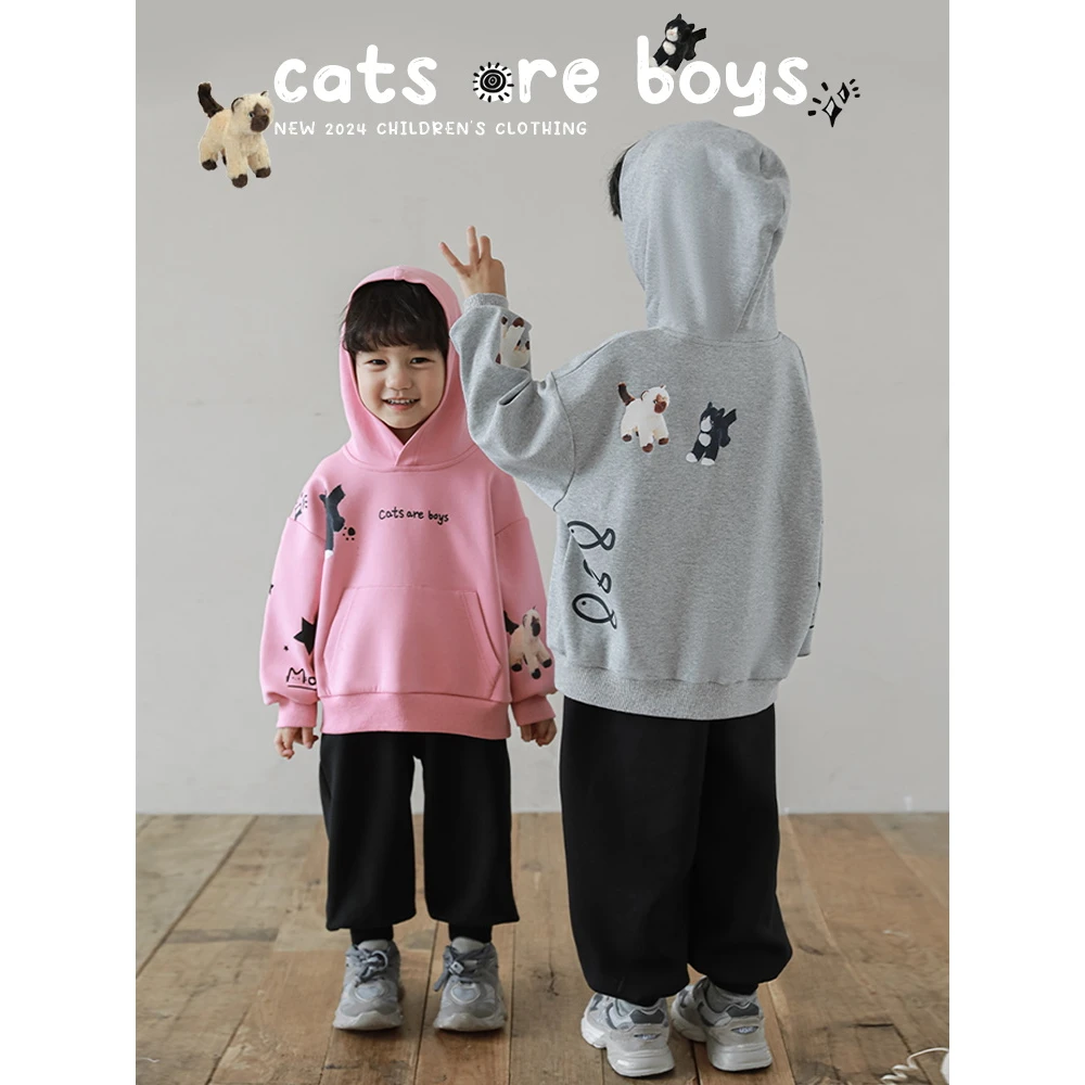 【秋一波男童】蓬松轻软“小云朵“  猫咪印花 连帽棉卫衣 N5313