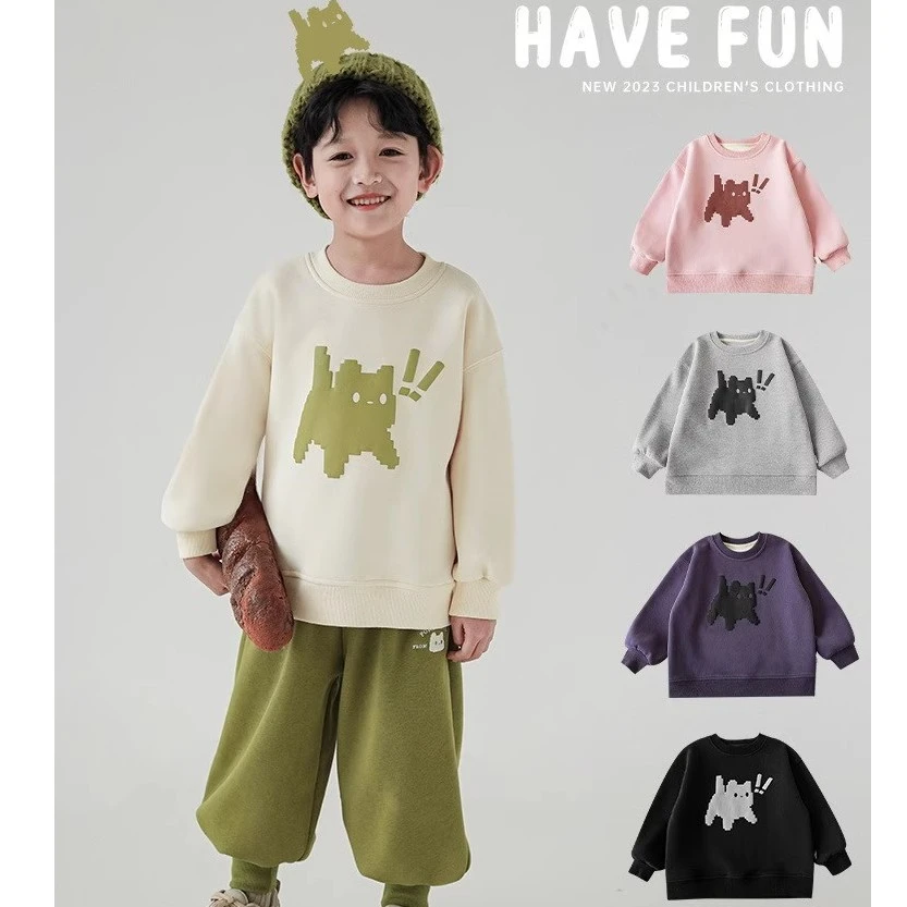 【新冬可期】贰 幼悠儿童游戏泡印印花猫咪宽松一体绒卫衣外套N4586