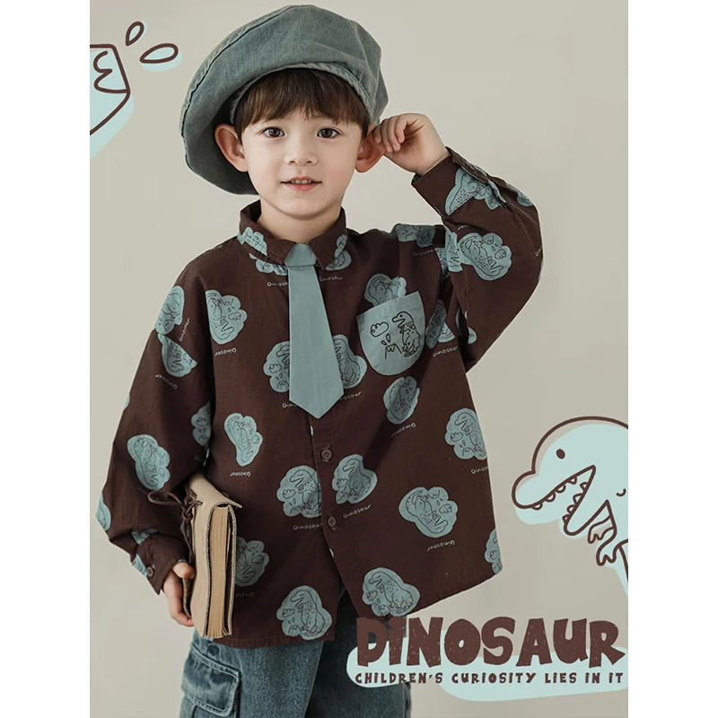 【秋三波男童】原创图案 软感牛仔 史前萌兽恐龙外套衬衫 N5346