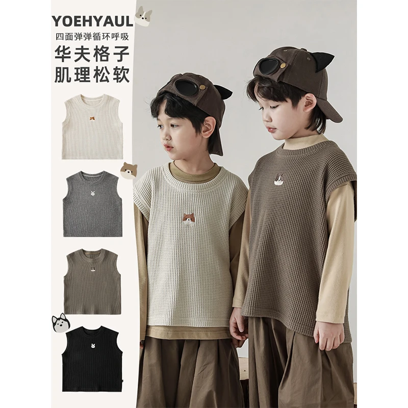 YOEHYAUL/幼悠【清货】秋田汪汪精致刺绣切条包边华夫格背心N3860