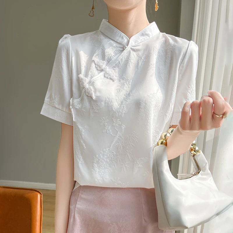 春夏新款女士复古提花盘扣短袖上衣内搭夏季中式衬衫气质显瘦黑色