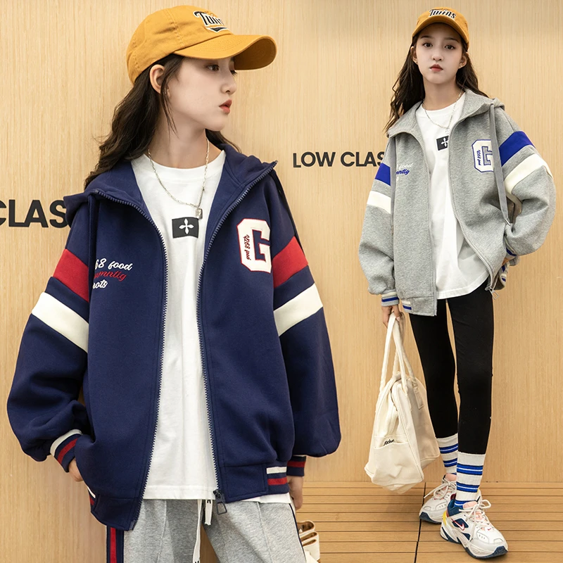 女童秋装外套2025新款洋气时髦12大童休闲15岁女孩加厚款连帽上衣