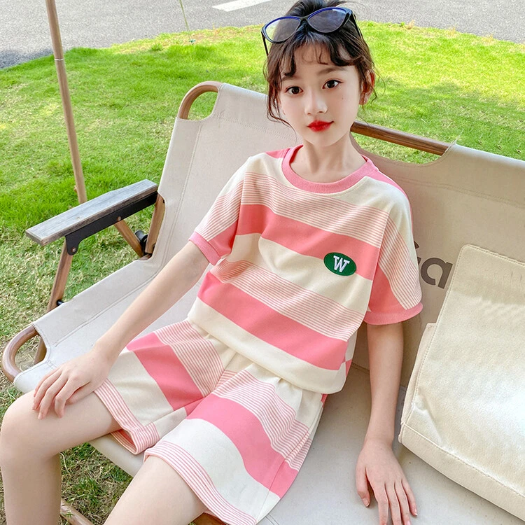女童运动套装夏装2025新款网红韩版短袖童装条纹撞色儿童装两件套