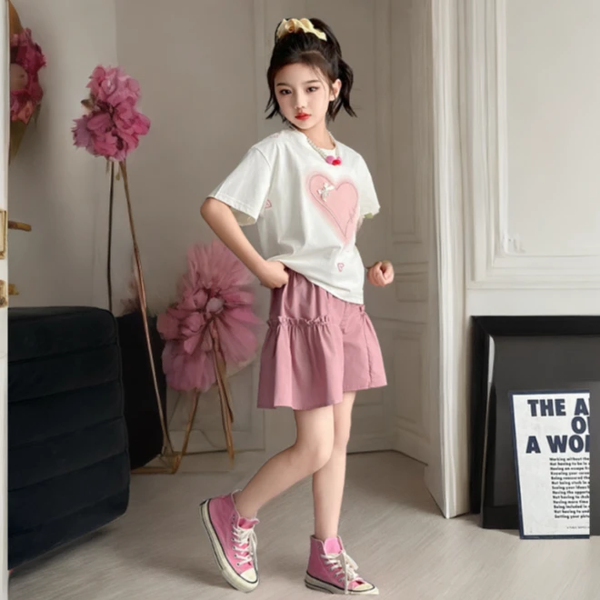 女童夏装短袖套装2025新款女孩洋气时髦休闲中大童夏季短裤两件套