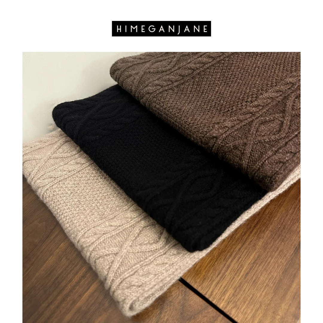 HIMEGANJANE 100绵羊毛 温柔氛围感粗针厚麻花围巾5805
