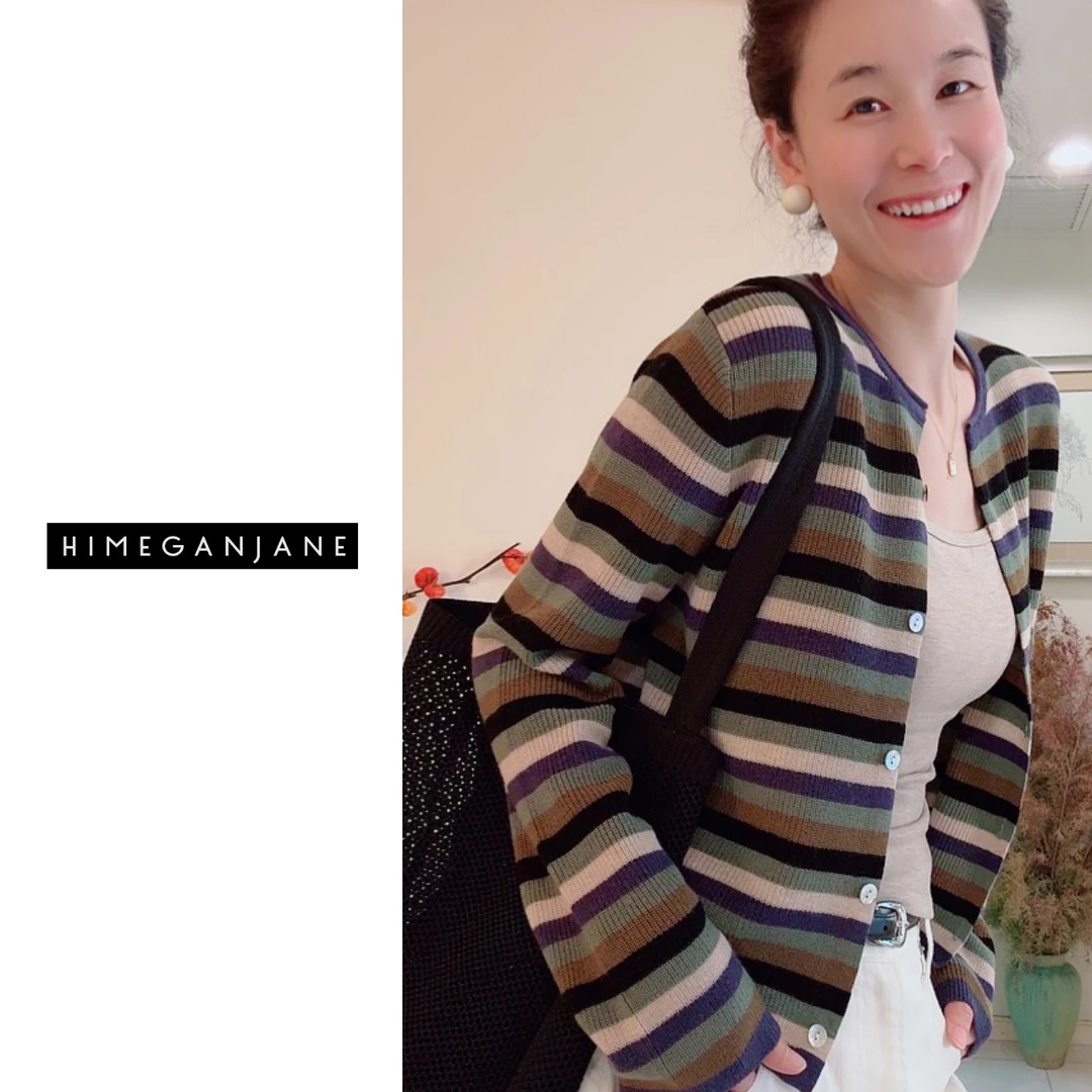 HIMEGANJANE 针织条纹针法圆领开衫显瘦百搭撞色5727