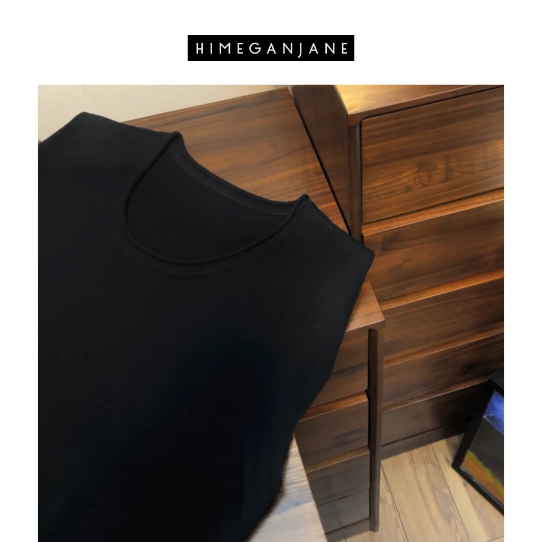 HIMEGANJANE 直角肩时尚休闲黑色羊毛纯色马甲背心23236