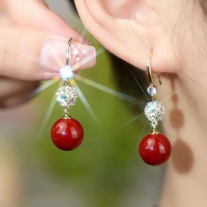 铜合金仿珍珠耳饰 【129号】新款潮红色复古珠耳环高级时尚百搭耳饰