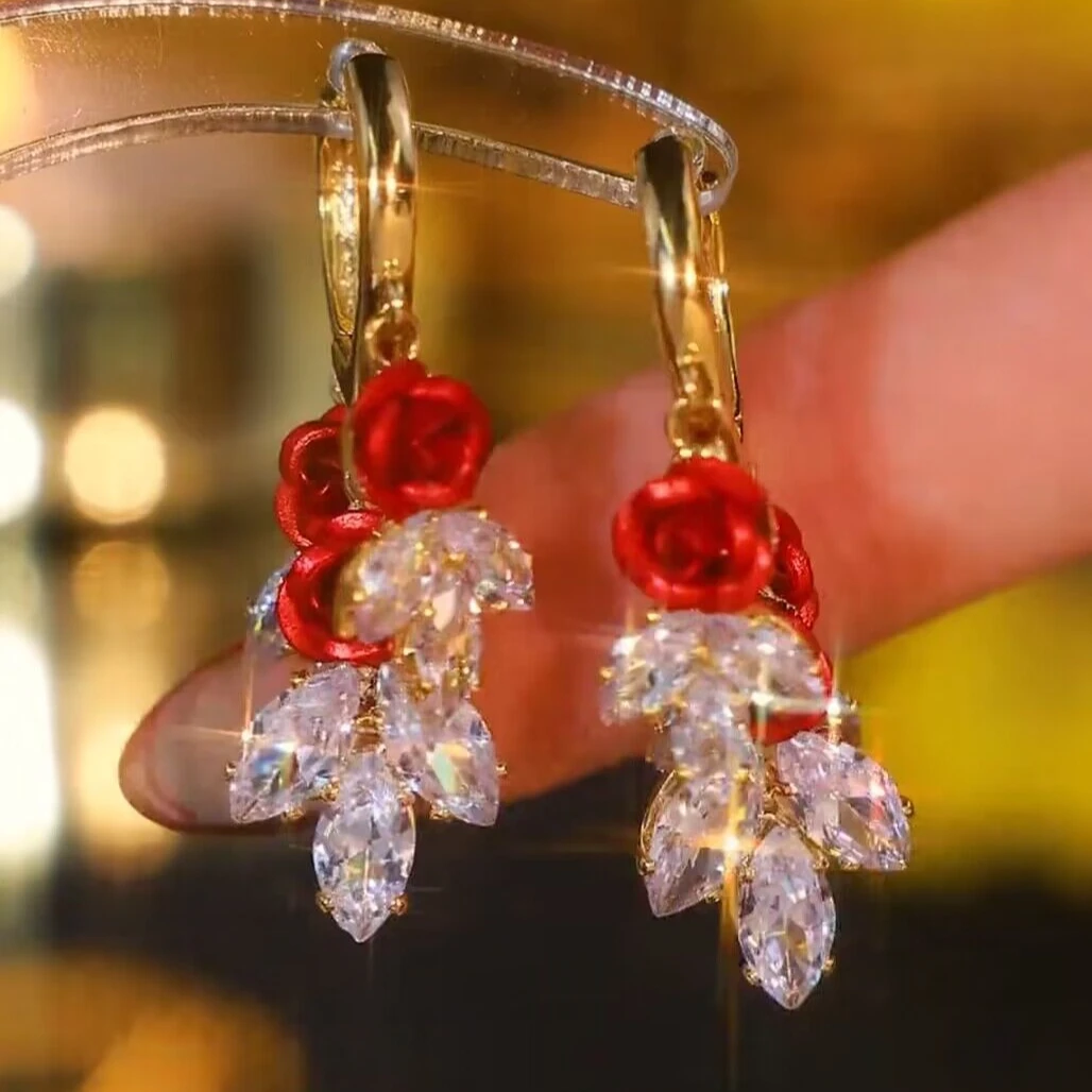 925银针耳饰 【36号】玫瑰花时尚轻奢气质百搭红色复古耳环(七夕)