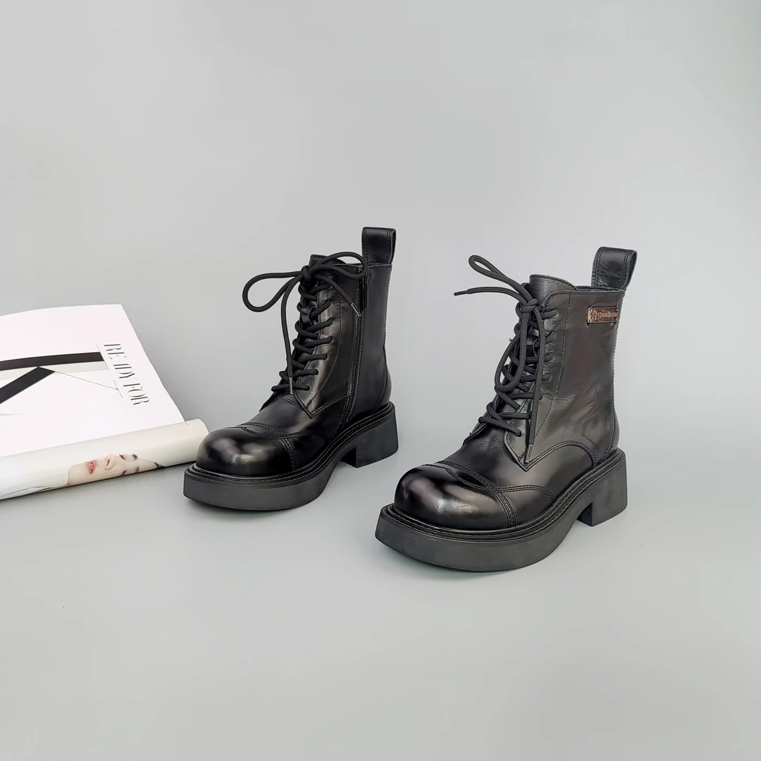 2024秋季新款百搭女士英伦风真皮简约洋气马丁靴小短靴-5539-2