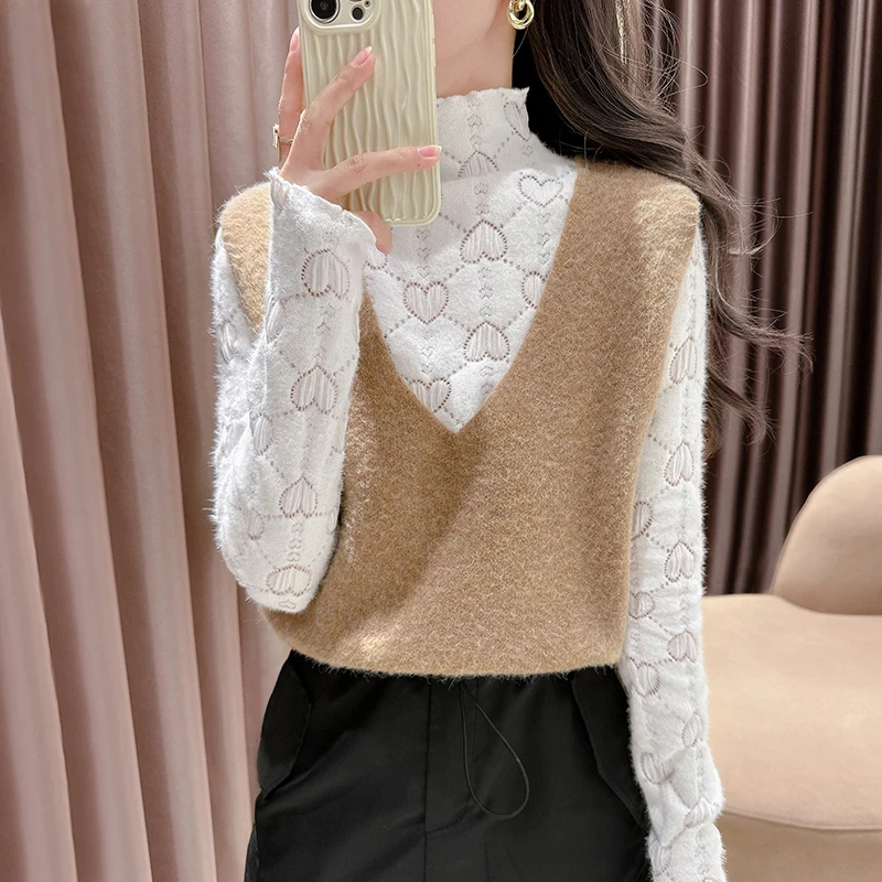 半高领爱心磨毛蕾丝衫女高端设计感时尚内搭秋冬减龄保暖打底上衣