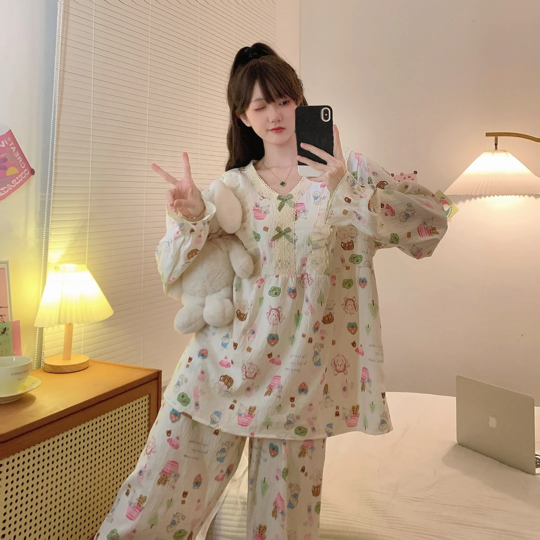 大码睡衣女120-260斤秋季睡衣女胖mm宽松V领可爱卡通印花家居服