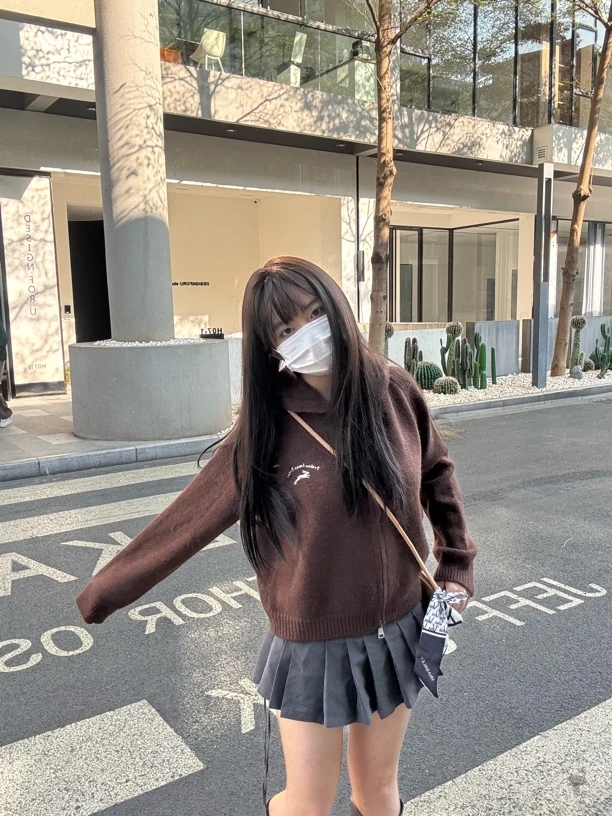 柒柒-连帽双拉链毛衣外套女秋冬季复古慵懒风宽松针织开衫