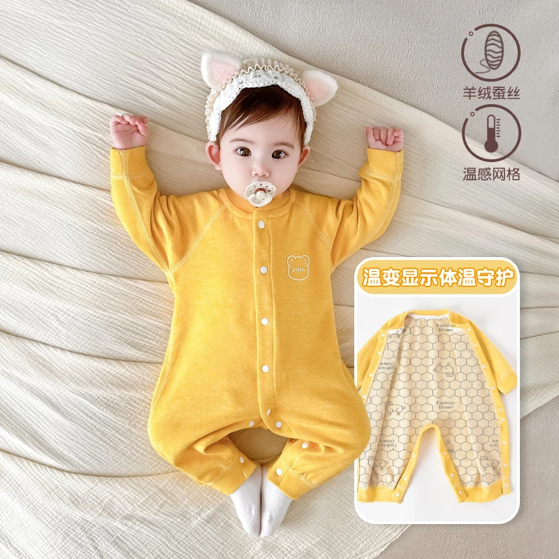 婴儿温感连体衣长袖春秋季新生儿衣服春装宝宝超萌洋气外出哈衣