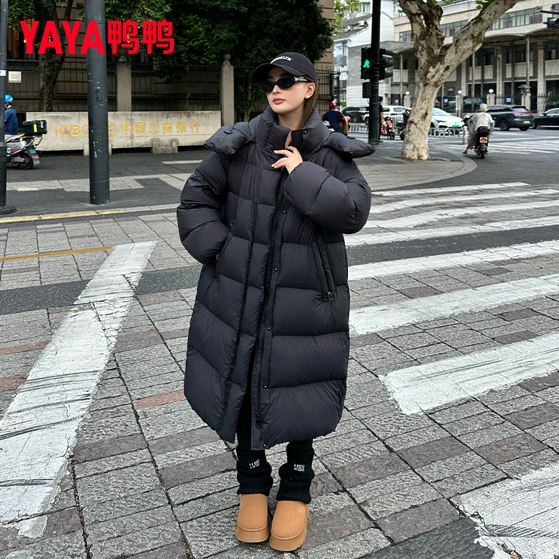 鸭鸭连帽女士保暖时尚长款加厚过膝冬季韩版羽绒服-CBY