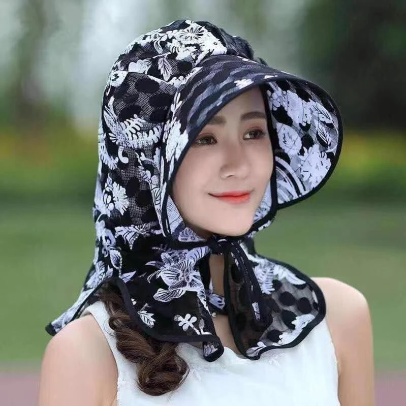 采茶帽遮阳帽子女春夏韩版可折叠骑车蕾丝太阳帽防晒户外大沿凉帽