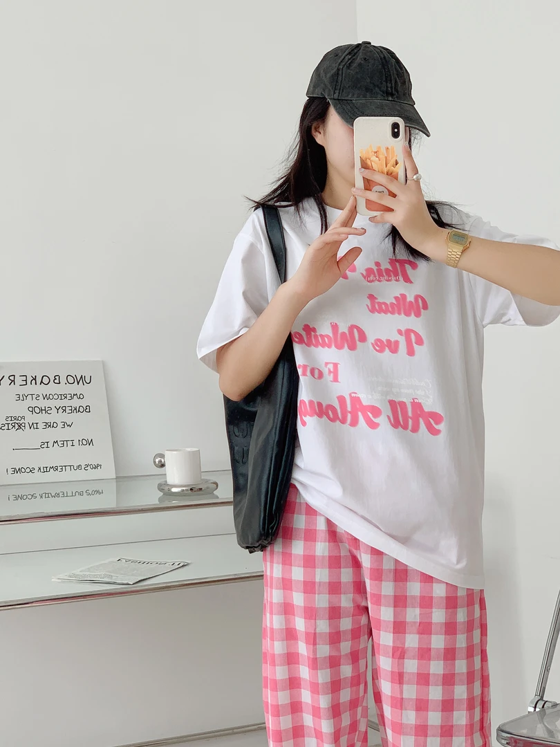 818#新疆精梳长绒棉 短袖t恤女款韩版ins宽松百搭情侣装半袖印花