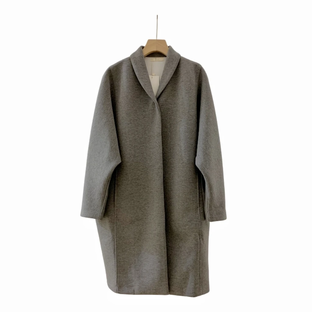 复古简约时尚空气层翻领外套休闲宽松慵懒风中长款纯色大衣秋冬女