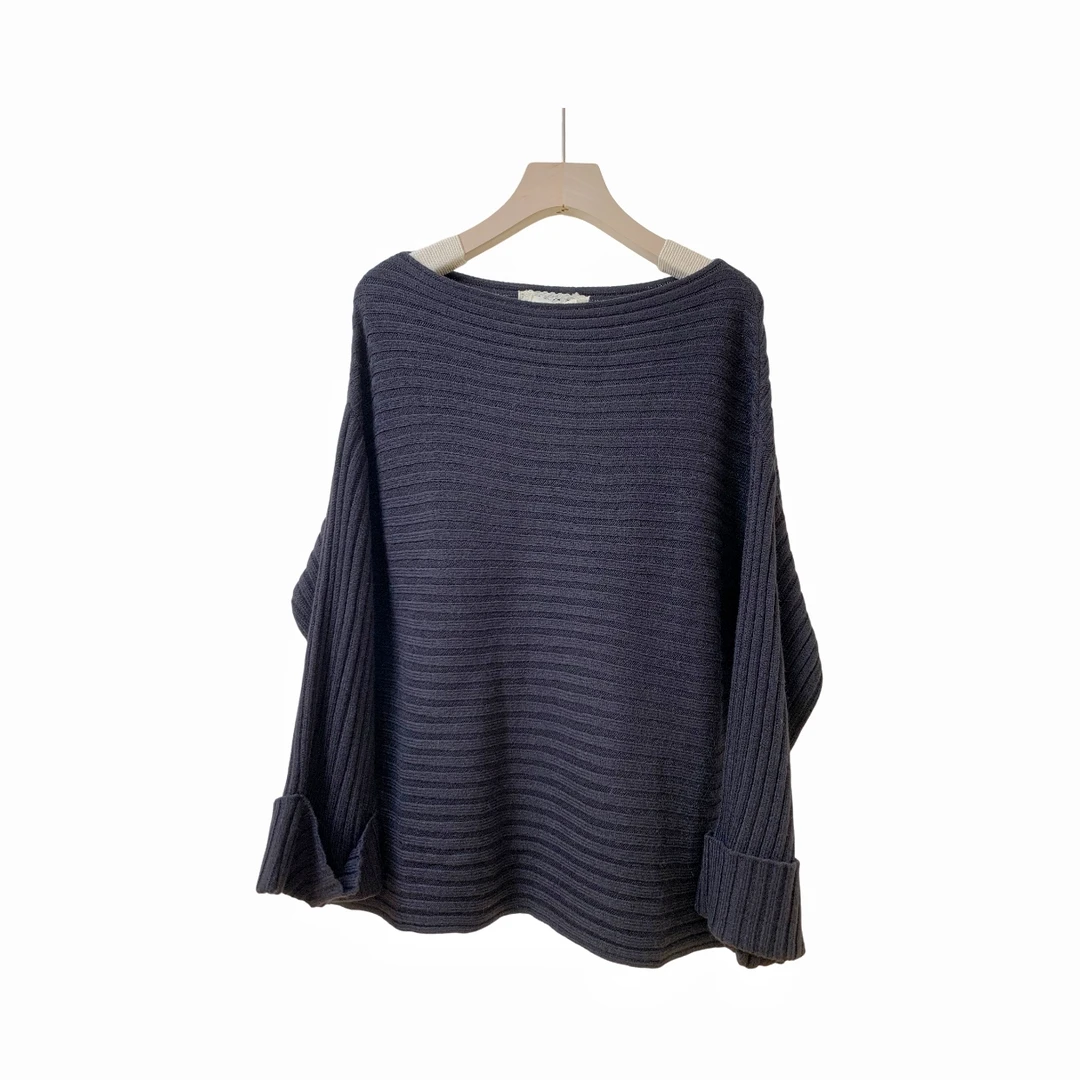 法式别致独特针织衫女秋冬新款气质一字领坑条纹宽松长袖套头上衣