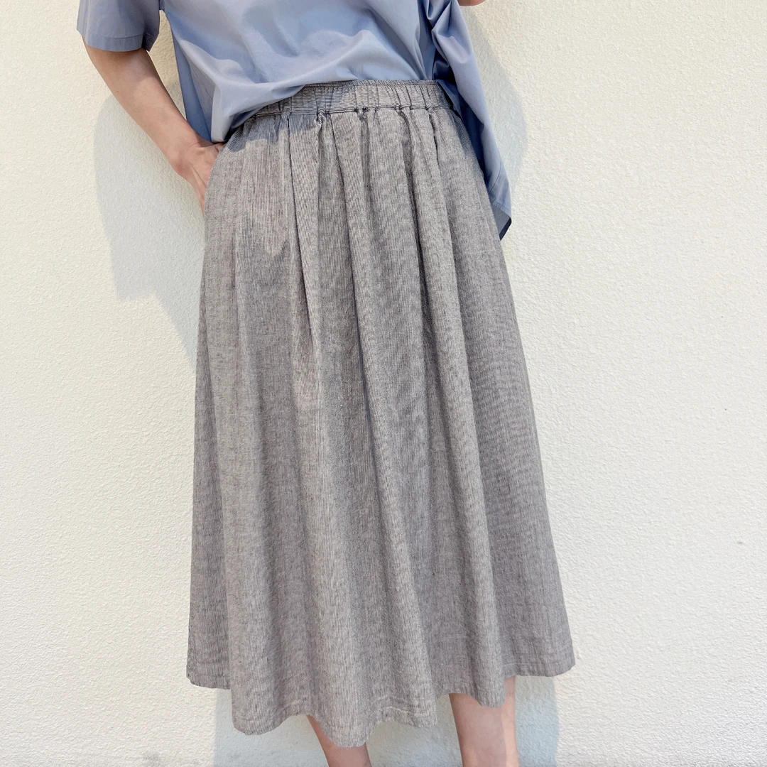 静奢优雅气质半身裙A字色织棉麻度假大摆裙子条纹洋气半身裙春夏