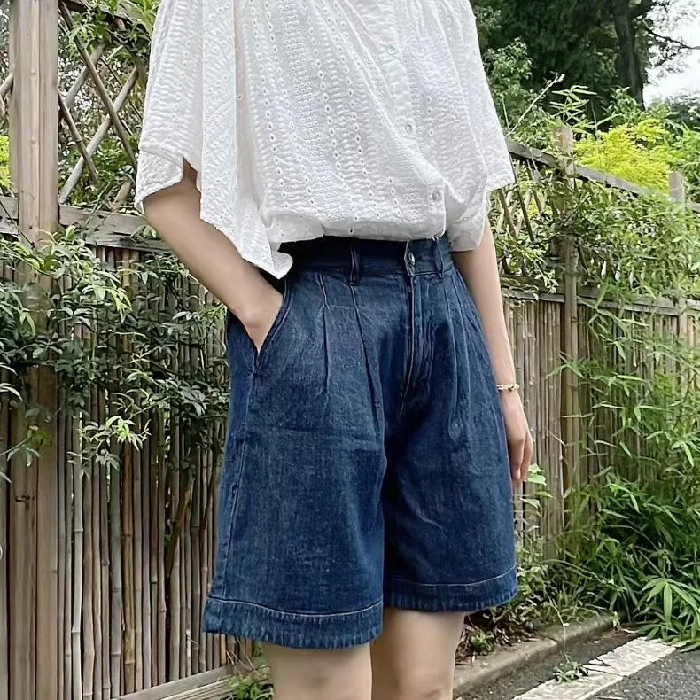 小众女装宽松阔腿牛仔短裤夏季新款小个子高腰薄款棉麻休闲五分裤