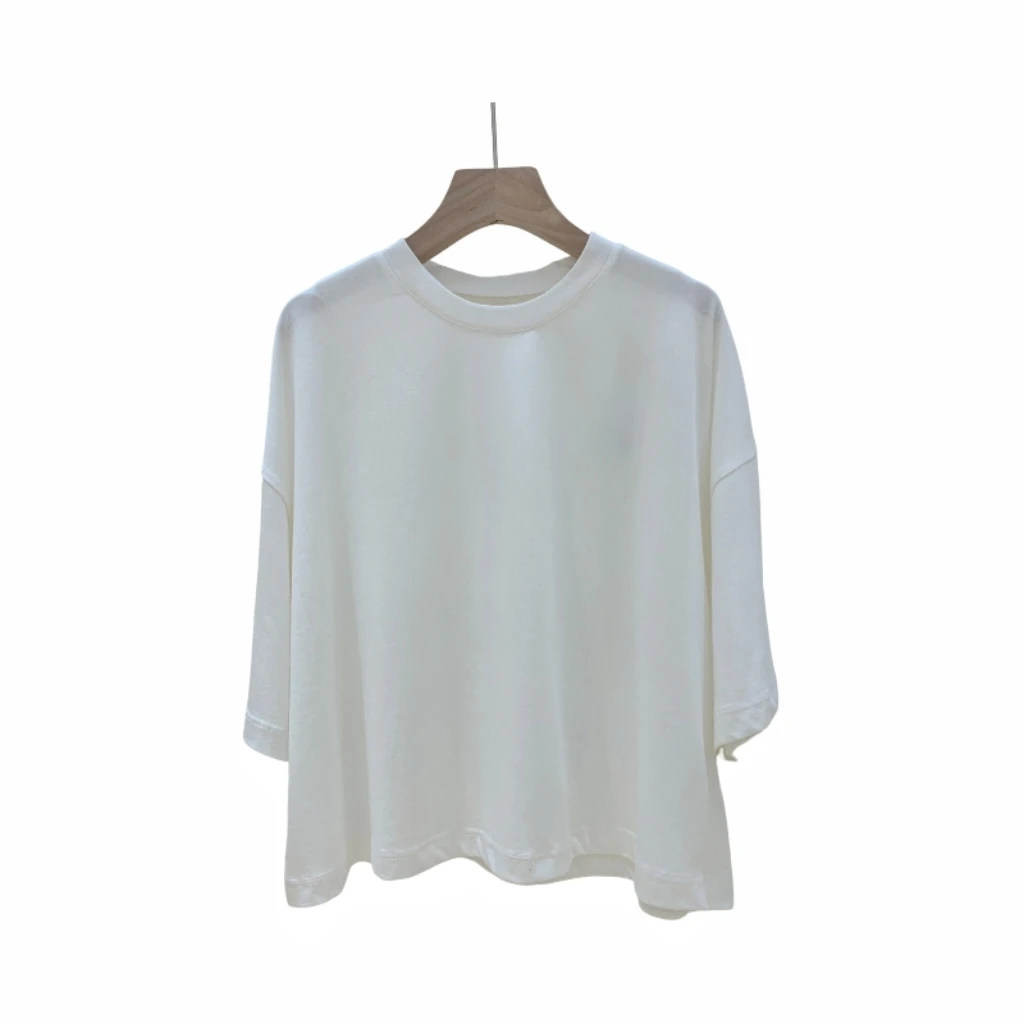 高级感棉质五分袖体恤女夏季2023新款宽松设计感气质小众中袖上衣