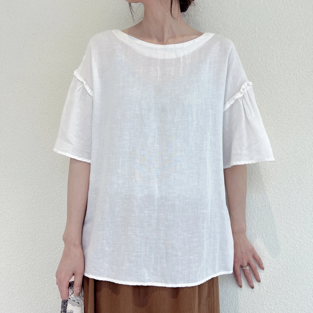 夏季新款洋气纯色小衫凉爽木耳边拼接时尚后背系带两穿上衣棉麻女