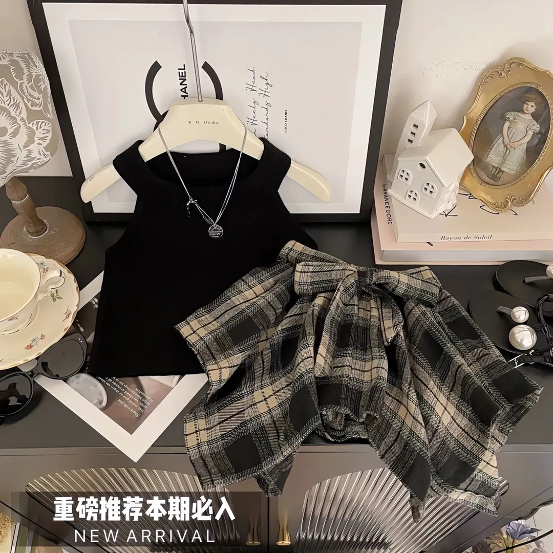 女童夏季套装2025新款洋气美式吊带宝宝百搭时髦格子裙裤两件套潮