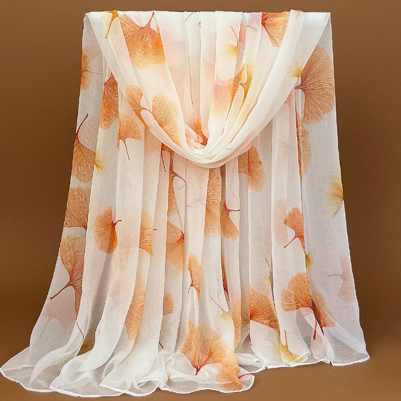 锦心织白色银杏叶围巾女秋冬季超仙丝巾长薄款纱巾旅游防晒大披肩