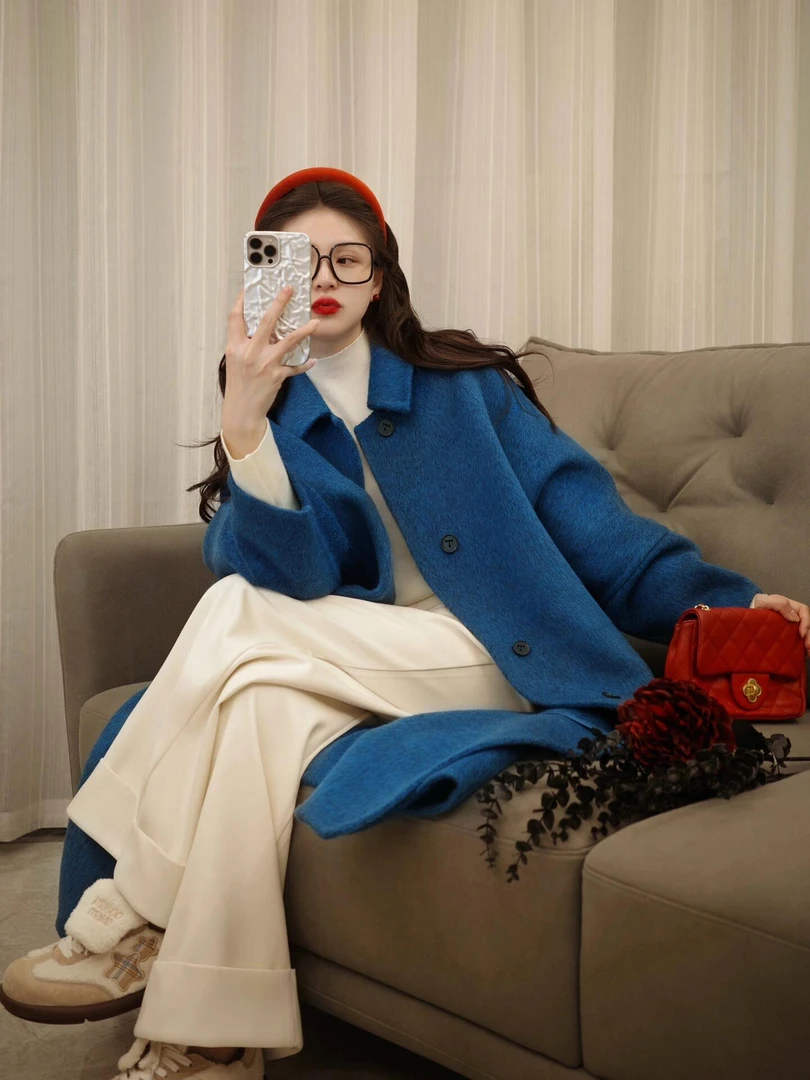 翻领单排扣毛呢外套女法式通勤气质中长款呢子大衣裤子两件套装