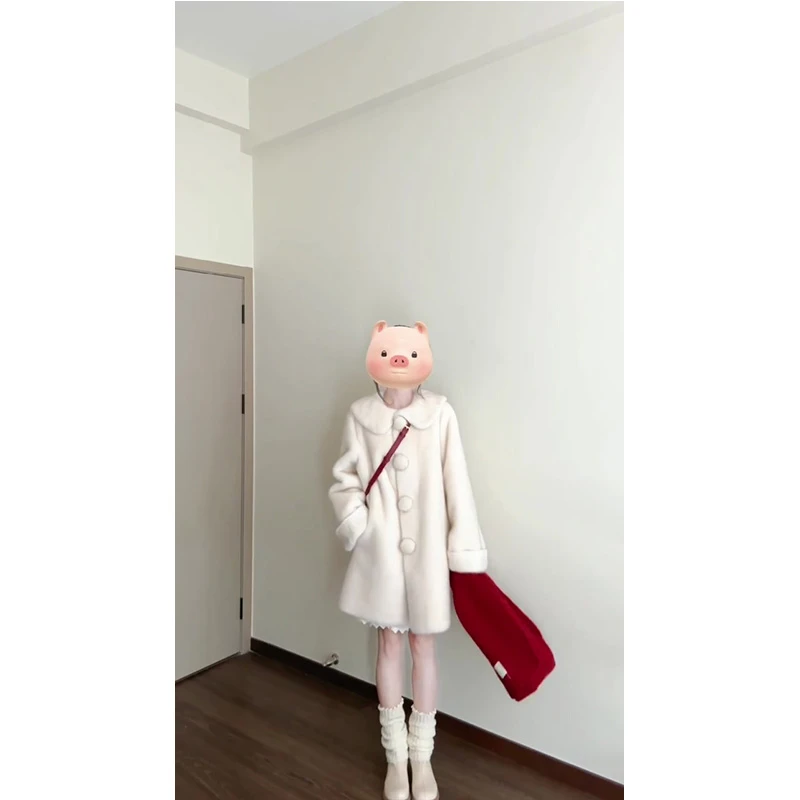 韩系甜美小个子加厚娃娃领白色毛毛外套女秋冬新款小个子大衣