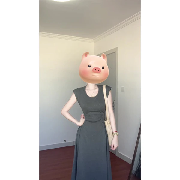 2024夏季新款设计感掐腰时尚连衣裙显瘦短袖中长裙