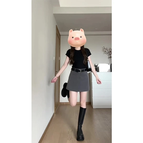 灰色短裙女夏季高腰修身a字裙小个子包臀半身裙短款修身T恤套装