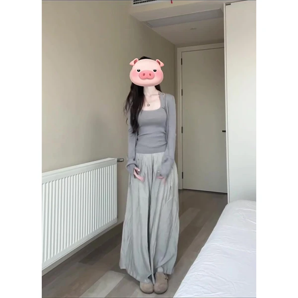 2024年休闲套装针织开衫外套女挂脖背心早秋肌理感拖地裤三件套